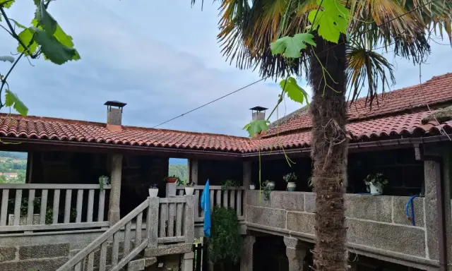 Un patio de piedra con escaleras y barandillas, un palmera y tejados rojos. Un lugar perfecto para una casa parranda.