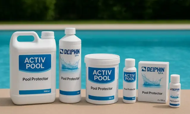 A row of Delphin Activ Pool Protector products, including bottles and a box, sit on a pool deck. The clear blue water of the pool is visible behind them, with a hint of green trees in the distance.