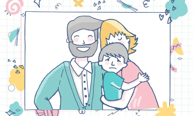 Ilustración de familia con un niño triste abrazado por sus padres, reflejando el apego en niños de 6 a 12 años.