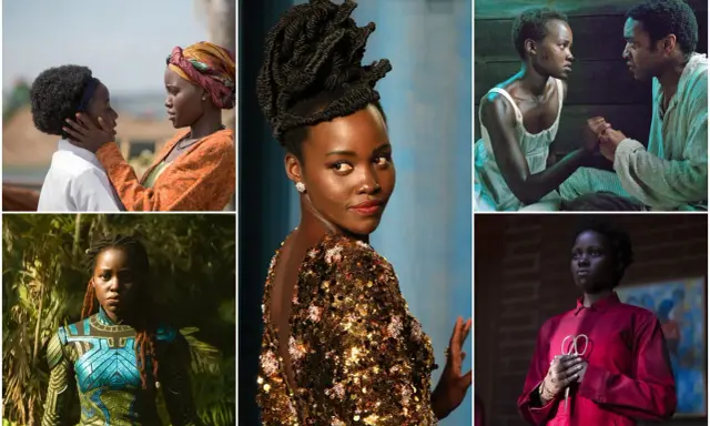 Lupita Nyong'o in diverse ruoli: da "12 anni schiavo" a Black Panther, con abiti eleganti e acconciature audaci.