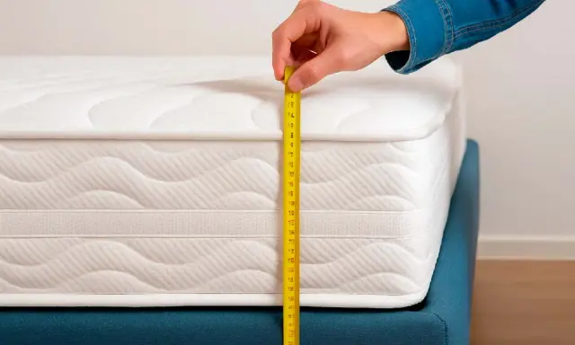 Mano mide la altura de la cama con colchón usando una cinta métrica amarilla.