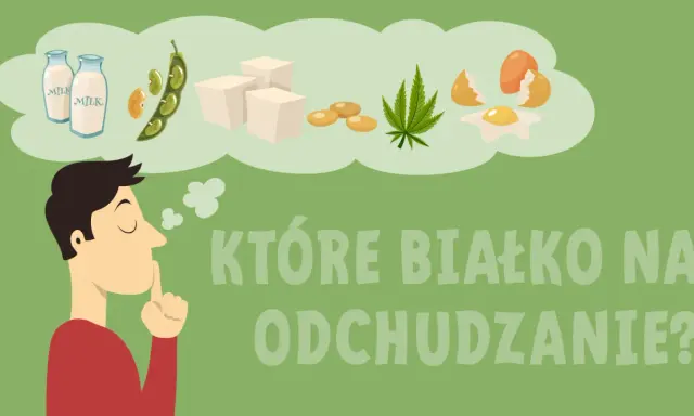 Mężczyzna zastanawia się nad źródłami białka: mleko, fasola, tofu, konopie, jajka.