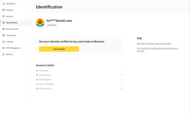 Strona Binance Identification, gdzie użytkownik fre***@mail.com musi przejść weryfikację, aby móc handlować.