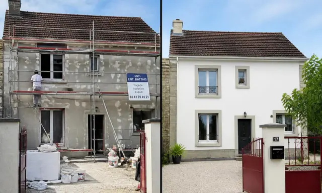 Avant/après : une maison en rénovation, échafaudages et matériaux, puis une façade blanche immaculée. Le cout rénovation maison est visible.