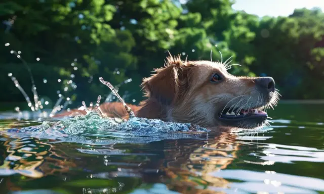 Złoty retriever radośnie pływa w jeziorze, rozpryskując wodę. Czy każdy pies umie pływać? Ten z pewnością tak!