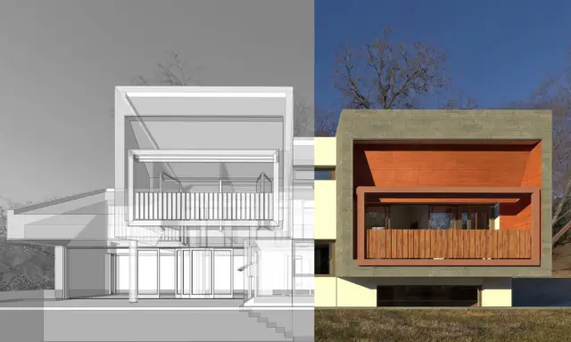 Diseño arquitectónico de una casa moderna, mostrando los pasos a seguir para construirla, desde el boceto hasta la imagen final.