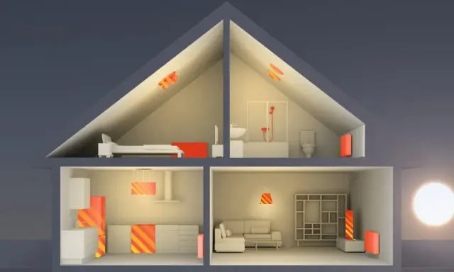 Schnitt durch ein Haus mit Heizkörpern und Lüftungsschlitzen, die Wärme symbolisieren. Dies zeigt eine energieeffiziente Bauweise.
