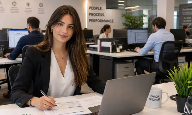 Donna sorridente in ufficio, con tazza "Payroll Specialist", lavora a report. Attenta al customer care.