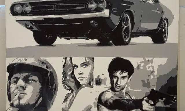 Pop arts: Ein Dodge Challenger und drei Figuren, ein Mann mit Helm, eine Frau mit blauen Augen und ein Mann mit Waffe, im Stil von Pop Art.