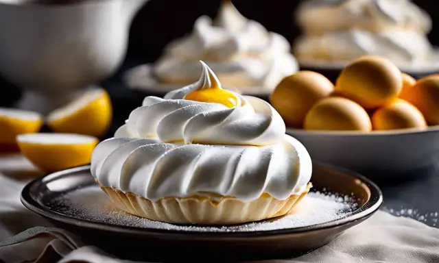 Tartelette garnie d'une généreuse meringue italienne, surmontée d'une touche de jaune d'œuf. Des citrons et des œufs sont disposés en arrière-plan.