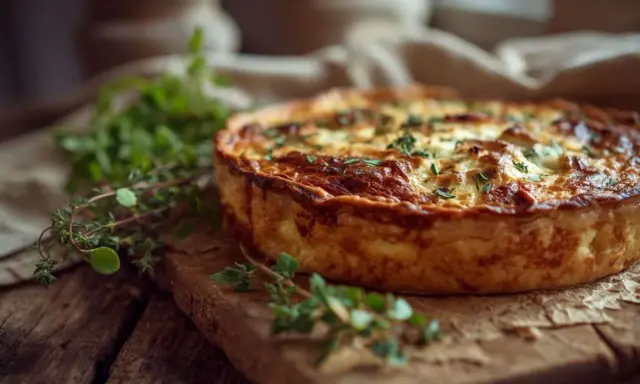 Une quiche dorée, spécialité culinaire du Grand Est, garnie d'herbes fraîches, sur une planche en bois rustique.
