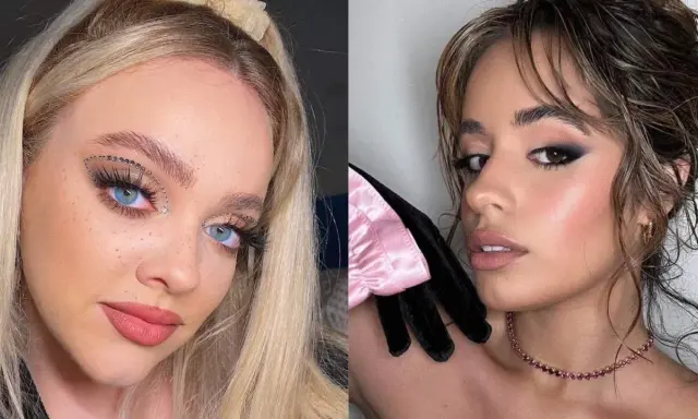 Dos looks de maquillaje: uno con delineados aesthetic de pedrería y otro con un ahumado oscuro y labios rosados.