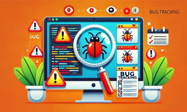 Grafika przedstawia proces śledzenia błędów (bug tracking) w informatyce. Na ekranie komputera widać lupę powiększającą czerwonego robaka, symbolizującego błąd. Wokół wyświetlane są ostrzeżenia i lista zadań do wykonania.