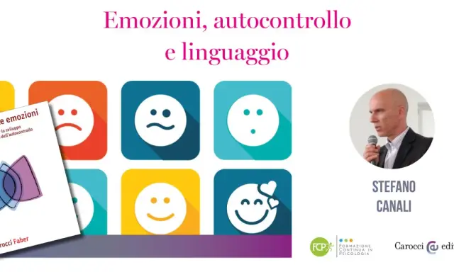 Libro "Regolare le emozioni" di Stefano Canali, con icone di emozioni e il ritratto dell'autore. Il tema è l'autocontrollo.