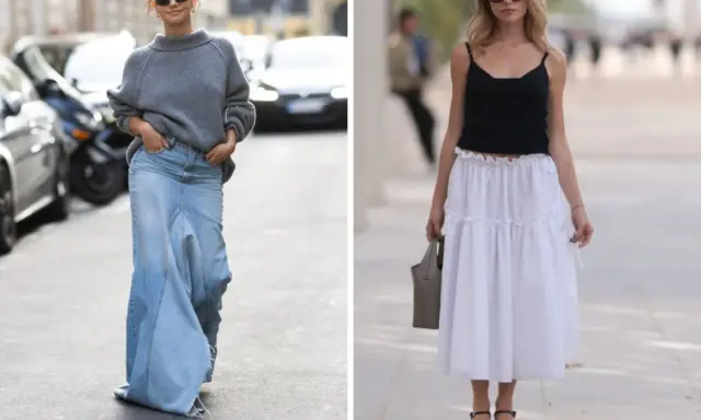Kobiety prezentują różne stylizacje, pokazując, jakie buty do długiej spódnicy pasują. Jedna w jeansowej maxi, druga w zwiewnej białej.