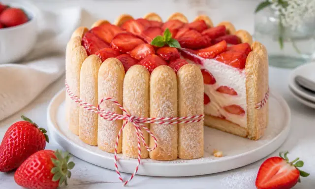 Eine köstliche Erdbeer Charlotte, umhüllt von Löffelbiskuits und dekoriert mit frischen Erdbeeren und Minze.