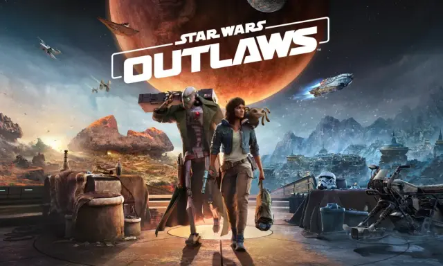 Kay Vess i Nix przemierzają galaktykę w grze Star Wars Outlaws, z ogromną planetą w tle i statkami kosmicznymi na niebie.