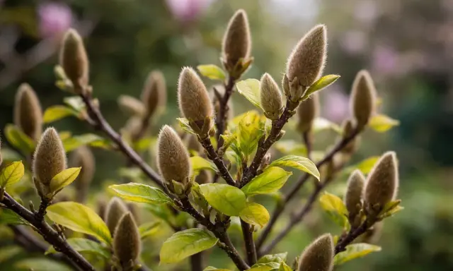Puszyste pąki magnolii zapowiadają, kiedy kwitnie magnolia. Wiosna tuż, tuż.