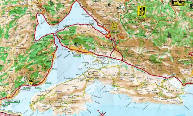 Zatoka Kotorska mapa: szczegółowy plan z zaznaczonymi miastami, drogami i punktami widokowymi.