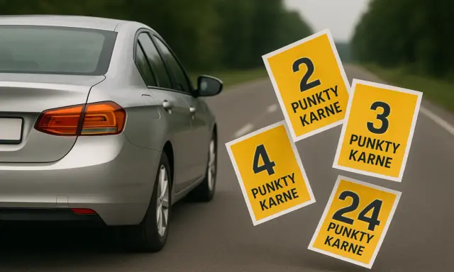 Srebrny samochód na drodze, obok unoszące się żółte karty z liczbami punktów karnych: 2, 3, 4, 24.