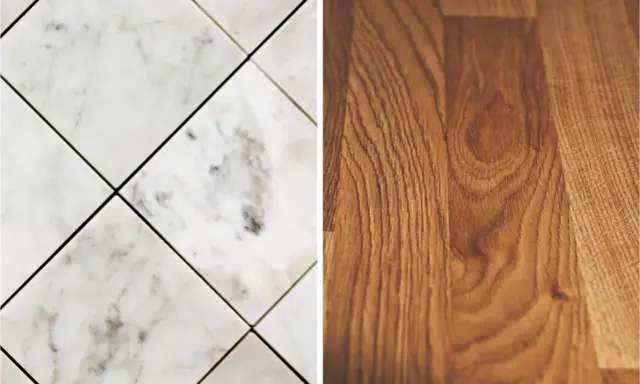 Comparación de un suelo laminado de madera con un suelo de mármol.