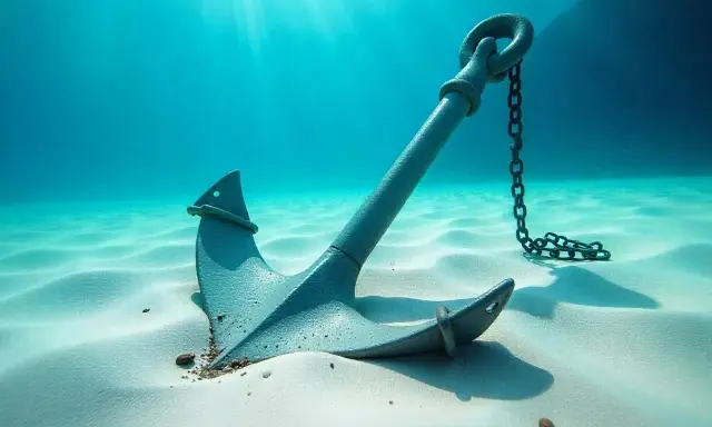 Un type d'ancre, posé sur le sable blanc d'un fond marin clair, sous des rayons de soleil traversant l'eau turquoise.