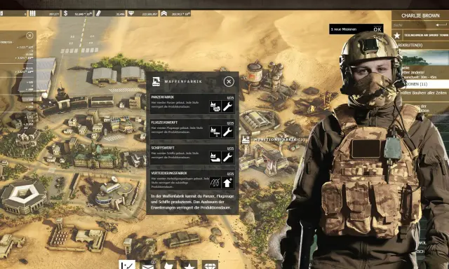 Gracz zarządza bazą wojskową w grze strategicznej, przygotowując się do **desert operations**. Widok obejmuje mapę z budynkami i jednostkami oraz interfejs zarządzania produkcją.