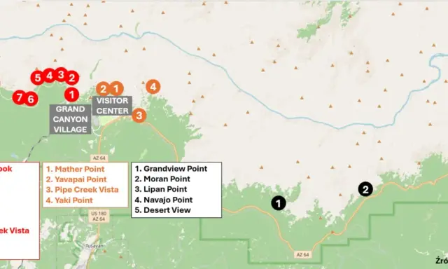 Mapa punktów widokowych w Wielkim Kanionie, z zaznaczonymi miejscami jak Grand Canyon Village i Visitor Center.