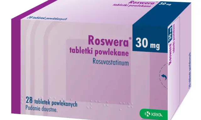 Opakowanie leku Roswera 30 mg, zawierające 28 tabletek powlekanych. Przed zastosowaniem należy zapoznać się z ulotką dotyczącą roswera skutki uboczne.