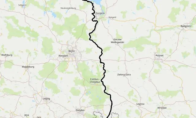 Mapa pokazuje przebieg szlaku rowerowego Odra-Nysa, łączącego Świnoujście z okolicami Wałbrzycha, przez Szczecin, Gorzów Wlkp. i Wrocław.
