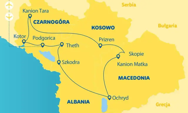 Mapa pokazuje trasę podróży przez Czarnogórę, Kosowo, Macedonię i Albanię. Gdzie jest Albania? Na mapie widać ją na południu, obok Macedonii i Grecji.