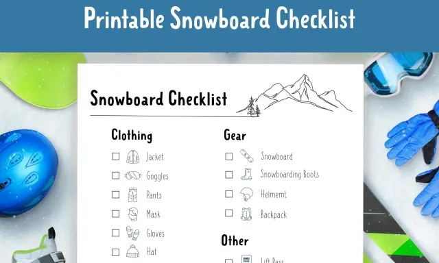 Checklista snowboardowa z ikonami odzieży i sprzętu, w tym kask, gogle i deska.
