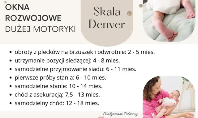 Skala Denver: rozwój dużej motoryki niemowlaka, w tym obroty, siad, stanie i chód.
