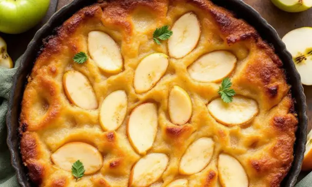 Un délicieux clafoutis aux pommes, doré et garni de fines tranches de pommes et de quelques feuilles de persil.