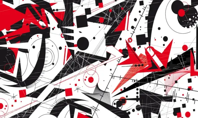 Un urlo nero, una figura retorica astratta con forme geometriche rosse e nere su sfondo bianco, evoca un'energia caotica e dinamica.