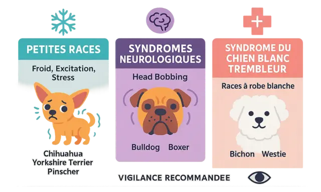 Un petit chien qui tremble, peut-être un Chihuahua, est montré à côté d'informations sur les petites races et le syndrome du chien blanc trembleur.