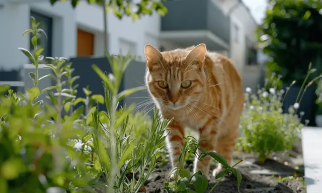 Eine orange getigerte Katze schleicht durch den Garten. Hoffentlich hinterlässt sie keinen Katzenkot im Garten.
