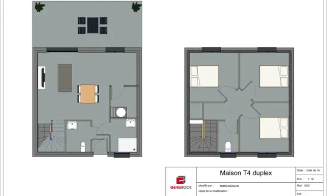 Plan d'une maison T4 duplex de 75m2 avec 2 chambres. L'étage supérieur montre les deux chambres.
