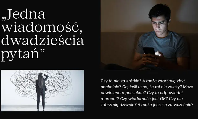 Nadmierne analizowanie, czyli overthinking co to. Młody mężczyzna zmartwiony patrzy na telefon, a kobieta zdezorientowana przed labiryntem myśli.