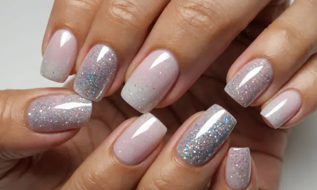 Eleganckie french paznokcie z brokatowym ombre. Delikatny róż przechodzi w srebrzysty blask, tworząc efektowny manicure.