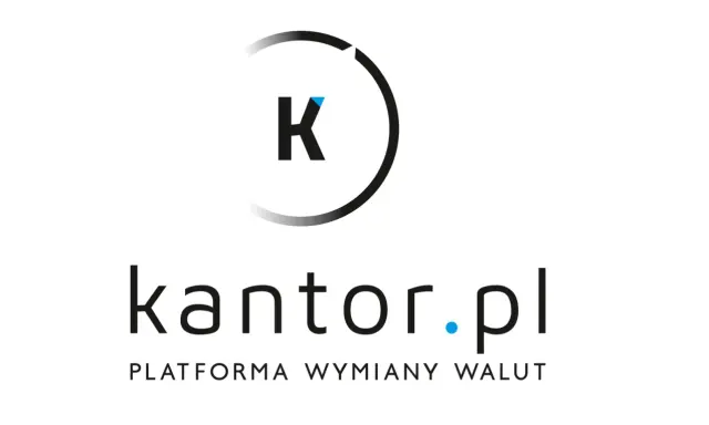 Logo kantor.pl, platformy wymiany walut. Litera K w okręgu, poniżej nazwa strony i hasło.