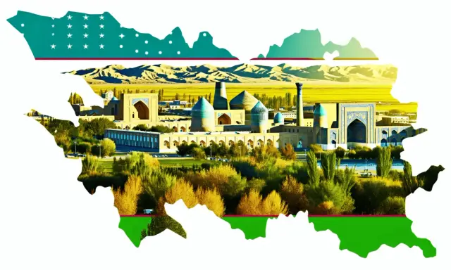 Mapa Uzbekistanu z widokiem na zabytkowe budowle i krajobraz.