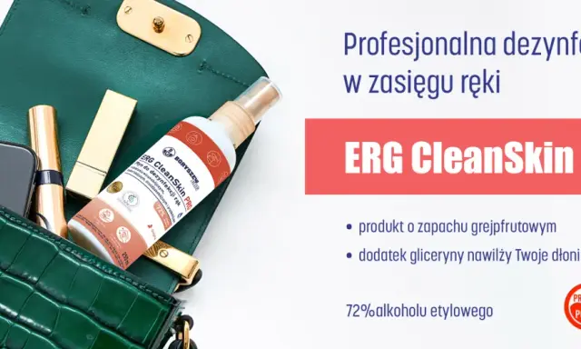 Butelka płynu do dezynfekcji rąk ERG CleanSkin PRO w zielonej torebce z telefonem i szminką.