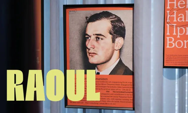 Porträtt av Raoul Oscar Wallenberg, en ung man i kostym. Texten lyfter fram hans mod och humanism.