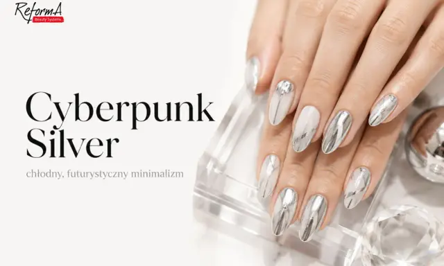 Dłonie z paznokciami w stylu "Cyberpunk Silver". Efekt lustra na białym lakierze, futurystyczne linie i błyszczące zdobienia.