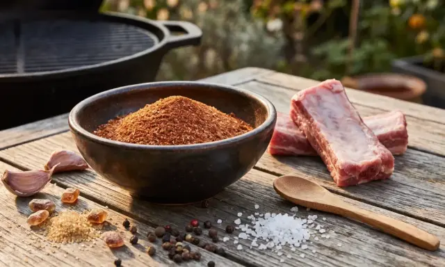 Zutaten für ein köstliches BBQ Rub Rezept: Rippchen, Gewürzmischung in einer Schale, Knoblauch, Zucker, Salz und Pfefferkörner auf einem Holztisch.