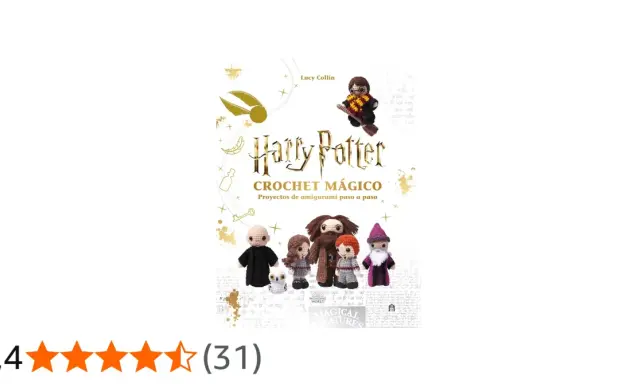 Libro "Harry Potter Crochet Mágico" con amigurumis de personajes como Hagrid, Harry y Dumbledore.