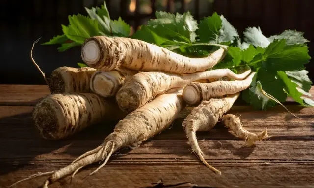 Frische Petersilienwurzeln auf Holz. Ist Meerrettich gesund? Ja, diese Wurzeln sind voller Vitamine und gut für dich!