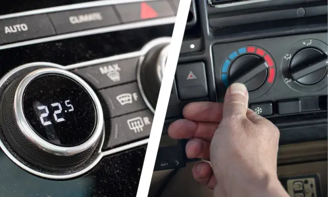 Panel de control de un coche mostrando la diferencia entre climatizador y aire acondicionado. Uno muestra 22.5°C, el otro una mano ajustando la temperatura.