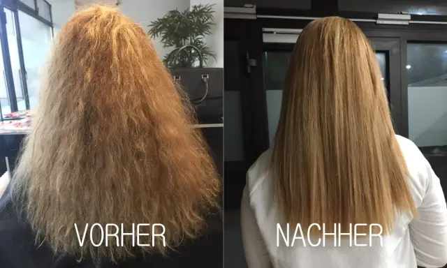 Vorher: krauses, trockenes Haar. Nachher: glattes, gesund aussehendes Haar dank Keratin-Glättung.